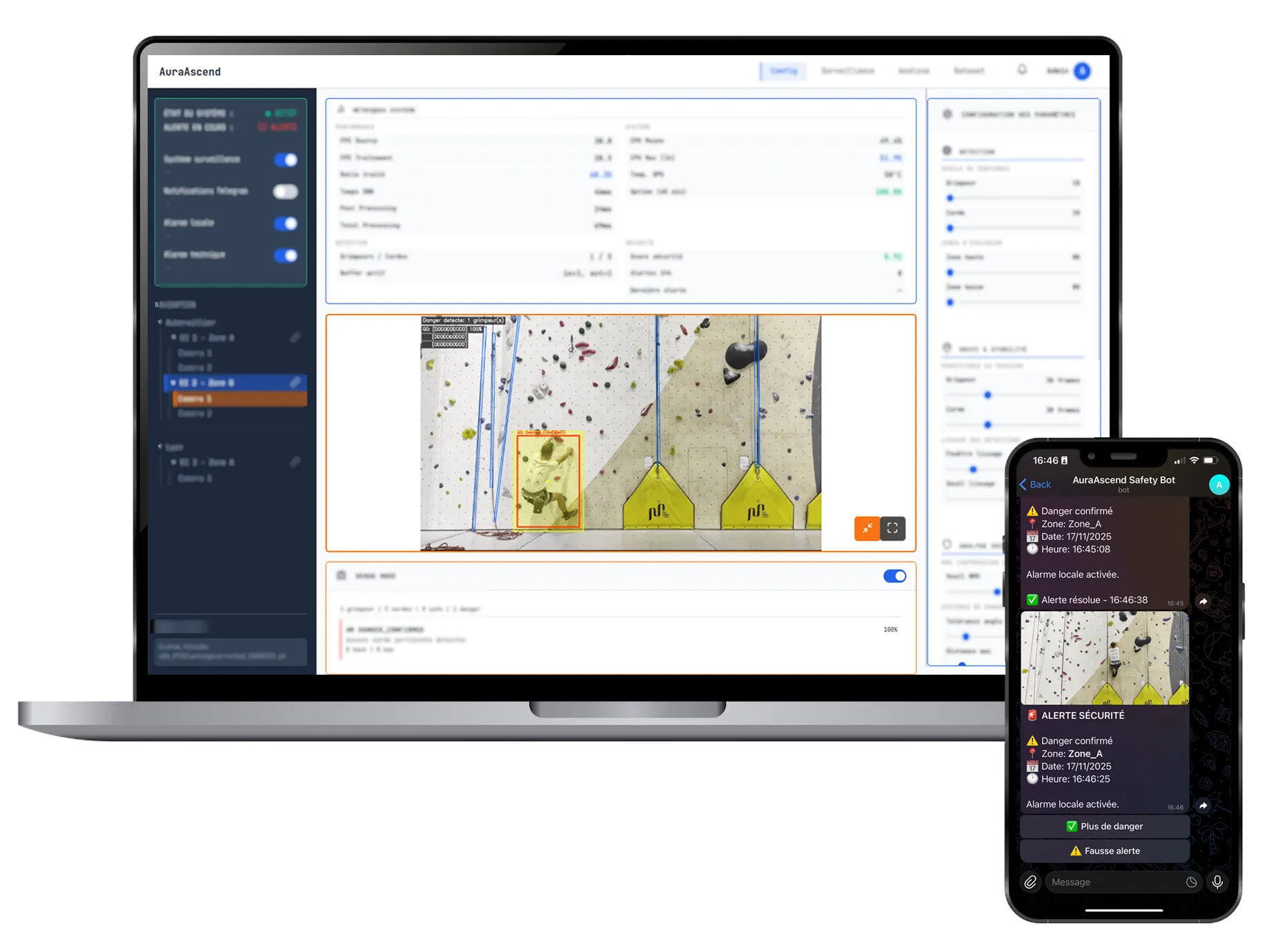 Interface de supervision Aura Ascend — alertes et flux vidéo en direct